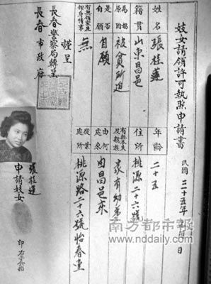 民国妓女办理许可执照的申请书。本报见习记者刘艳艳摄